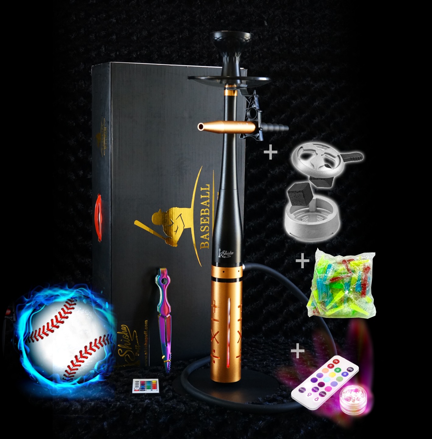 Shisha baseball - Hookah Sport Fashion . Game narghile in Cyprus with LED Light remote control Kaloud and Mouth Tips - Color Gold