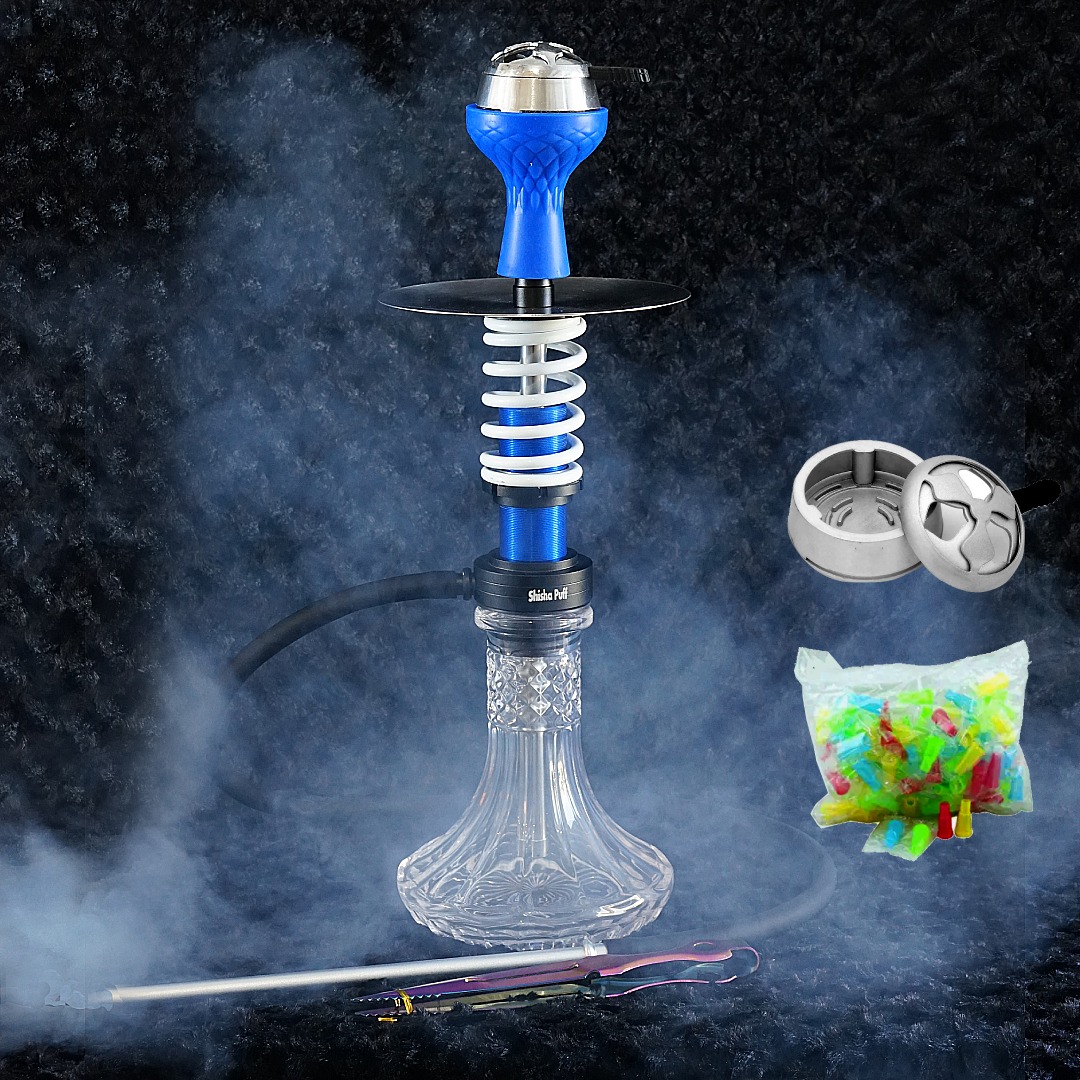 Spring hookah Blue with white mini Glass transparent