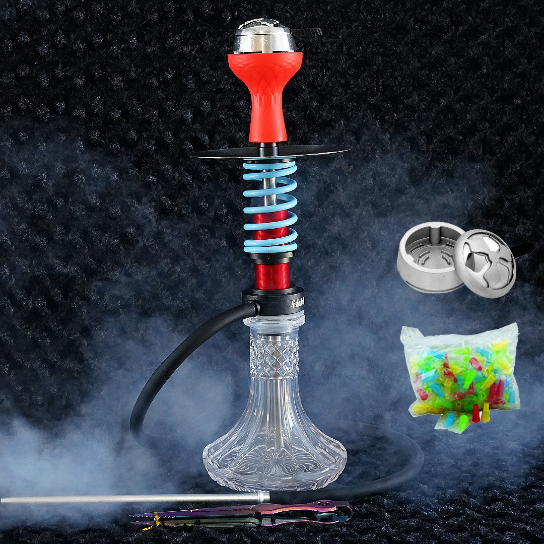 Spring hookah Red with Blue mini Glass transparent