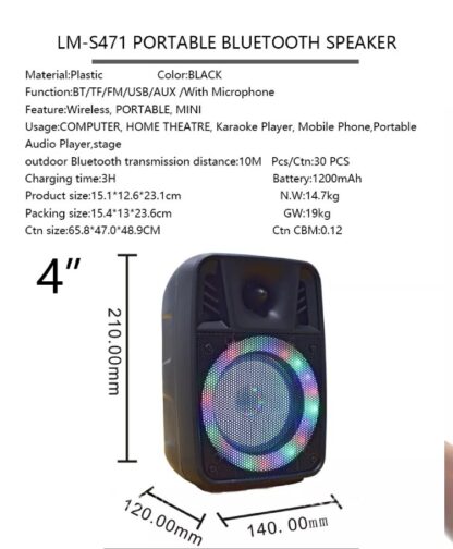 Portable Bluetooth Speaker with Led Light - USB TFT card MIC port AUX jack RADIO fm. Color Black