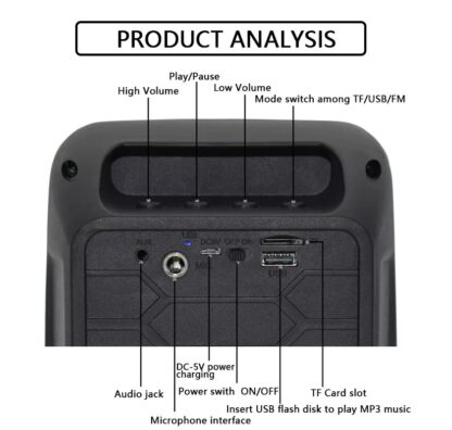 Portable Bluetooth Speaker with Led Light - USB TFT card MIC port AUX jack RADIO fm. Color Black