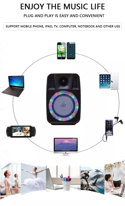 Portable Bluetooth Speaker with Led Light - USB TFT card MIC port RADIO fm. Color Black